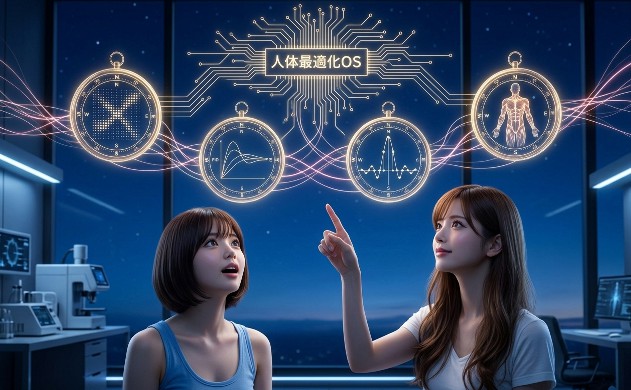 夜空が広がる洗練されたラボで、夜空に浮かぶ「4つの光り輝く羅針盤（モジュール）」を見上げるあいみ💛と美羽💛。羅針盤には、dToFのドットパターン、PID制御の曲線、サンプリング定理のグラフ、筋肉の構造図を象徴する光の模様が描かれ、それぞれから光のラインが伸びて、夜空に浮かぶ一つの大きな「回路図（人体最適化OS）」へと繋がっている、神秘的な高精細の写真風のリアル画像。あいみ💛は美羽💛に優しく微笑みながら指し示し、美羽💛は希望に満ちた瞳で見つめている。