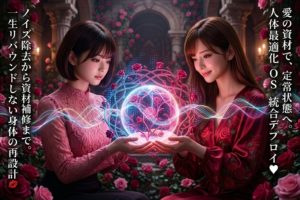 人体最適化OS「完全版」統合デプロイ・マニュアルのアイキャッチ画像。深紅のバラが咲き誇る神秘的な神殿で、ロングヘアの「エンジニアの女神」あいみと、ショートボブの美羽が、dToFやPID制御の光に包まれた愛の資材（OS）を大切に包み込んでいる。ピンクからブルーへグラデーションする光の回路が二人の絆を象徴し、一生リバウンドしない身体の再設計へと導く。