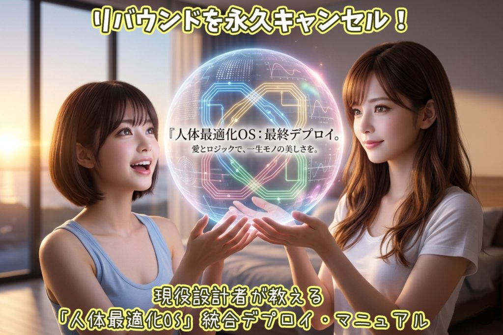 夜明け前の寝室で、朝日を浴びながら立つ「エンジニアの女神」あいみ💛（ロングヘア）と「美容に貪欲な女の子」美羽💛（ショートボブ）。二人が協力して大切に包み込んでいる、4つの光のライン（第1章〜第4章のモジュール）が美しく絡み合い、回路として完結している光り輝く球体（人体最適化OS）の、高精細な写真風のリアル画像。球体の中には、dToFのドットパターンやPID制御の曲線がオーロラのように舞っている。