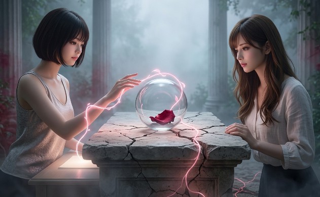 朝霧に包まれた、静寂な「光の神殿」の中庭。中央にあるのは、ひび割れた大地が覗く、古びた「光学ベンチ(祭壇)」。その祭壇の上に、透明なガラスの球体があり、中には「深紅のバラ」の花びらが一枚、寂しげに横たわっている。あいみ(右)が、知的な瞳で祭壇のひび割れを見つめ、美羽(左)が、乾いたバラの花びらに、慈愛に満ちた瞳でそっと手を伸ばしている。美羽の手からは、「絆のピンク」の光を帯びた、美しい「光の蔦」が伸びて、大地とバラへとか絡み合い、乾いた大地に温かい潤いを与えている……。