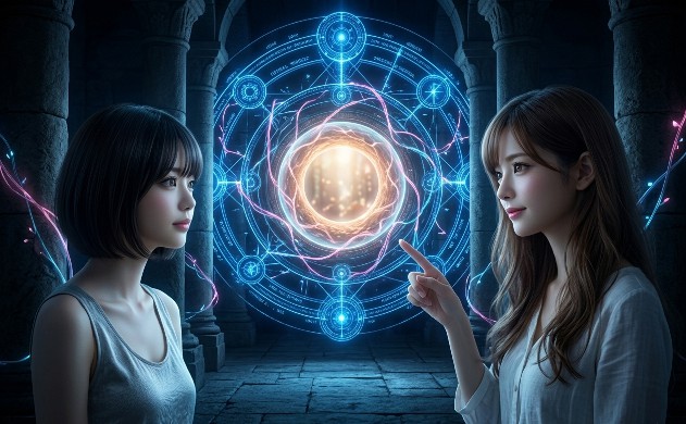 薄暗い神殿の地下回廊で、1300nmの光だけを透過する「生体の窓」を指し示すあいみと、それを見つめる美羽のリアルな写真風画像。ブルーの光を放つ巨大な光学フィルターの魔法陣が浮かび、深層のミトコンドリアへ届く癒しの光を表現している。