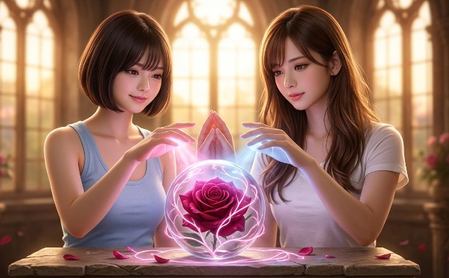 光の神殿の祭壇で、ガラス球体の中の「深紅のバラ(タンパク質)」に、あいみがブルーの知性の光を、美羽がピンクの絆の光を注いでいるリアルな写真風画像。二人の光が重なり、美しい光の蔦がバラに絡み合う神秘的な情景。