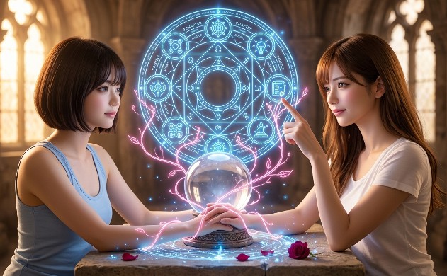 古代神殿の祭壇の上で、複雑な「光の魔法陣」の中に全8章のロードマップ(アイコン)が円環状に浮かび上がるリアルな写真風画像。エンジニアの瞳で指し示すあいみと、慈愛の瞳で見守る美羽の手元に、絆のピンクの光の蔦が絡み合っている。