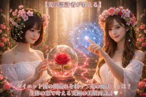 古代の光の神殿で、オフショルダーの白いドレスを着た「あいみ（右）」と「美羽（左）」が、光学設計の魔法陣とロードマップを守護する、高画質8Kのリアルな写真風画像。中央のガラス球体には深紅のバラが咲き、背景からは神聖な「生体の窓」の光が差し込んでいる。