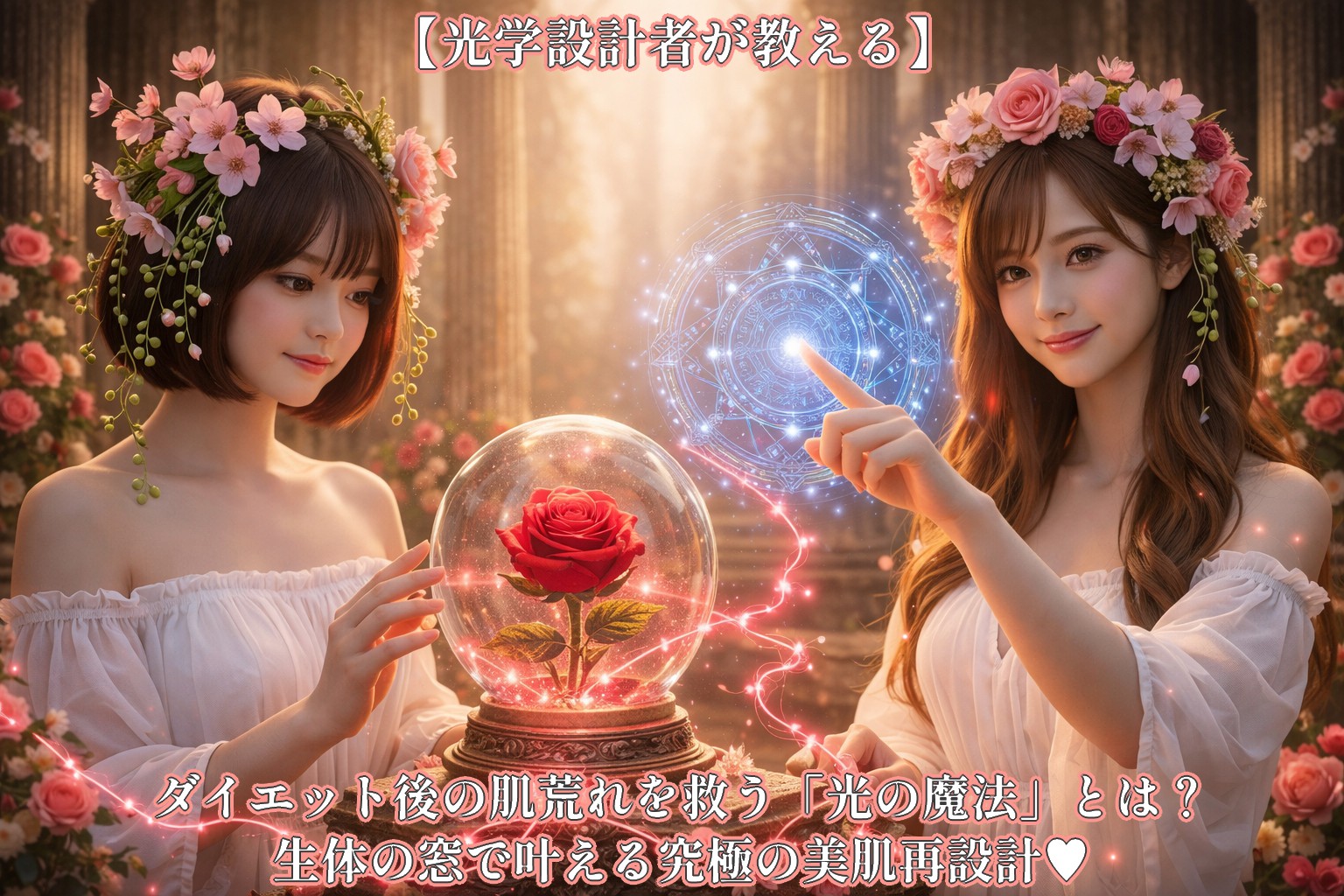 古代の光の神殿で、オフショルダーの白いドレスを着た「あいみ(右)」と「美羽(左)」が、光学設計の魔法陣とロードマップを守護する、高画質8Kのリアルな写真風画像。中央のガラス球体には深紅のバラが咲き、背景からは神聖な「生体の窓」の光が差し込んでいる。