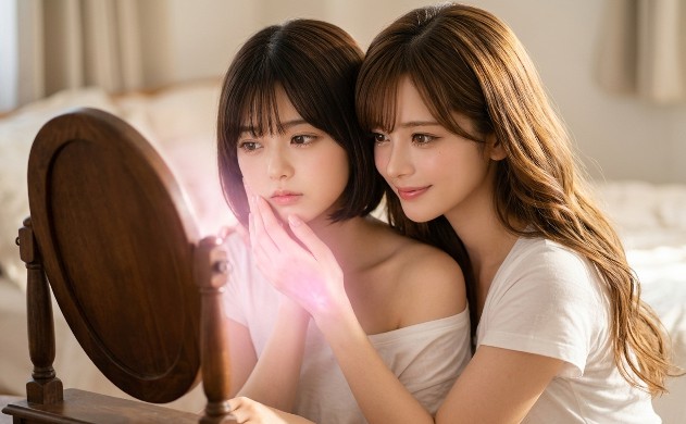 朝の光が差し込む寝室で、アンティークな鏡を見つめる疲労気味の女性（美羽）と、その背後から包み込むように微笑む女性（あいみ）。肌の再生をイメージした柔らかな光が頬に触れている、シネマティックな高精細画像。
