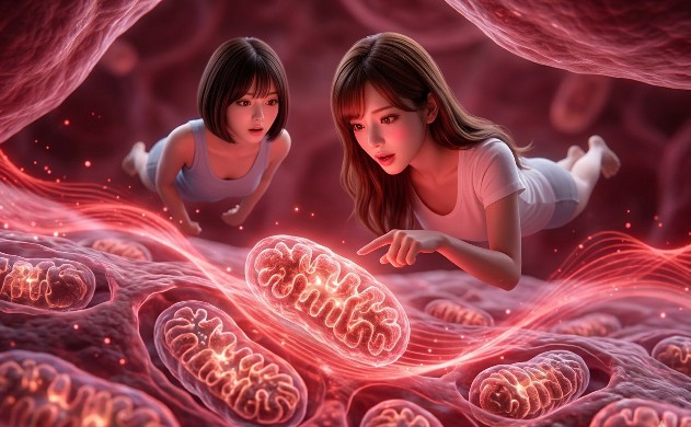 皮膚組織の内部を模した幻想的な空間で、633nmの赤い光の波がミトコンドリアを赤く発光させている様子。細胞サイズに小さくなった二人の女性（あいみと美羽）が、エネルギーが生まれる瞬間を驚きと喜びの表情で見つめている。