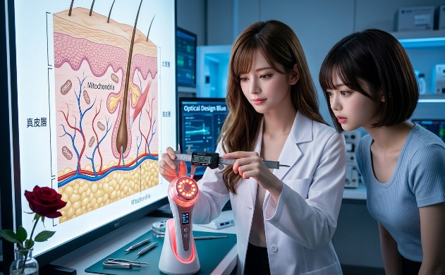 光学設計の研究所で、デジタルノギス（ミツトヨ製）を使用して美容機器の精密な隙間を測定する白衣の女性。背景には真皮層とミトコンドリアの相関図が光り、机の上には一輪の赤いバラが置かれた、知的な専門性を感じさせる1枚。