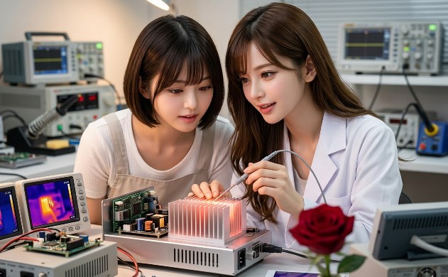 電子機器のラボで、プロトタイプのアルミダイカスト筐体に温度プローブを当てて熱設計を確認する二人の女性。オシロスコープやサーモグラフィーが並ぶ本格的なエンジニアリング環境と、精密な放熱設計へのこだわりを表現。