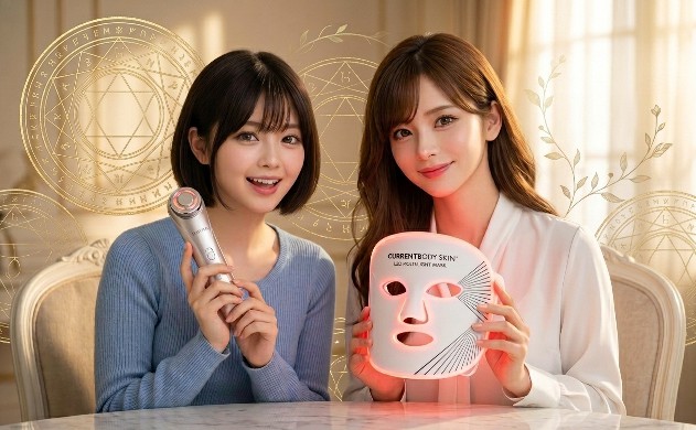 大理石のドレッサーで、カレントボディのLEDマスクとエフェクティムの美容機器を手に、自信に満ちた笑顔を見せる二人の女性。背後の壁には魔法陣と光の蔦を模した繊細なグラフィックが描かれた、ゴージャスで魔法のような仕上がり。