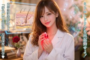 柔らかな光が差し込むラボ（または温かみのある部屋）で、白衣を纏った女性エンジニア（あいみ）が、両手で赤く発光する大きな結晶を大切そうに包み込んでいる。彼女の傍らには、皮膚の構造図（真皮層やミトコンドリア）がホログラムのように浮かび上がり、机の上には一輪の赤いバラが添えられている。「光による肌の再設計」を象徴する、幻想的で知的な美しさを湛えた8Kフォト。