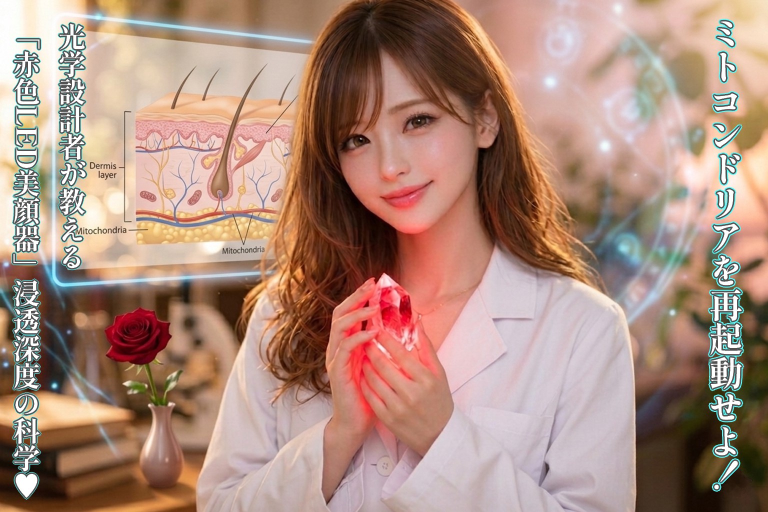柔らかな光が差し込むラボ（または温かみのある部屋）で、白衣を纏った女性エンジニア（あいみ）が、両手で赤く発光する大きな結晶を大切そうに包み込んでいる。彼女の傍らには、皮膚の構造図（真皮層やミトコンドリア）がホログラムのように浮かび上がり、机の上には一輪の赤いバラが添えられている。「光による肌の再設計」を象徴する、幻想的で知的な美しさを湛えた8Kフォト。