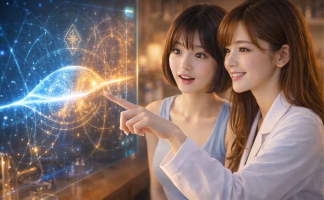 あいみと美羽が、最新の光学ホログラムディスプレイに映し出された光の波形(ARコートの仕組み)を指差しながら、光がお肌の深部へ浸透する物理学の魔法に目を輝かせているシーン。