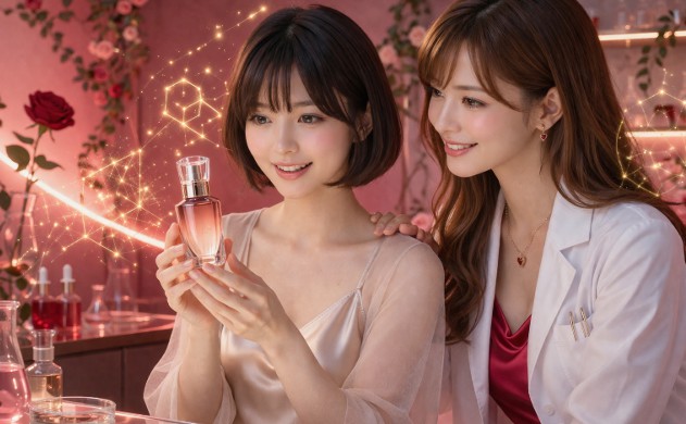 バラの花が咲き誇る幻想的な研究室で、あいみが厳選した美容液を美羽に手渡し、二人が信頼と愛に満ちた笑顔で「光の同期(Sync)」を確認し合っているキラキラとした写真。