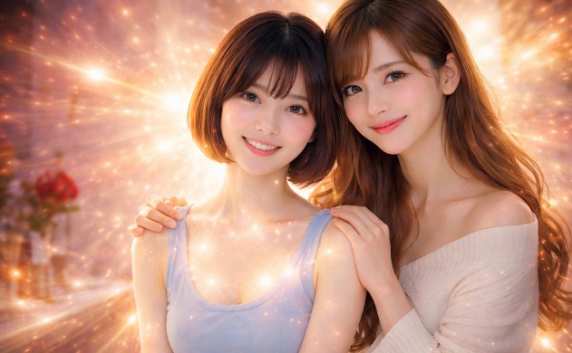 光を透かすような透明感あふれる美肌を手に入れた美羽と、彼女を後ろから優しく抱きしめるあいみが、黄金色の光(ATPの輝き)に包まれながら女神のような笑顔を見せている感動的なフィナーレ画像。