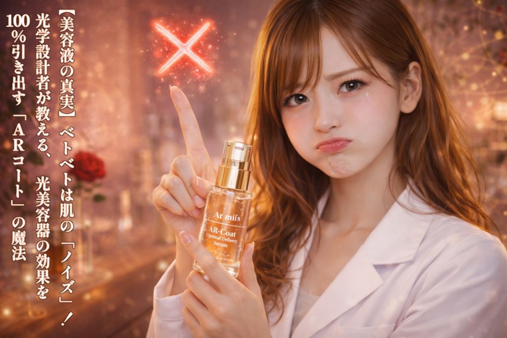 白衣を着た女性エンジニアのあいみが、頬を膨らませた可愛い「プンプン顔」で、光を100%通すための美容液ボトルを手に持ち、光美容の重要性を読者に語りかけているドラマチックな写真。