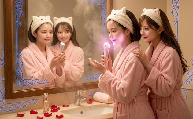 湯上がり直後の洗面台で、猫耳ヘアバンド姿の美羽が鏡の前に置かれたヤーマンの美顔器を愛おしそうに手に取り、その隣で濡れ髪のあいみが優しく寄り添い、美顔器から溢れる絆のピンクの光を美羽の頬にSync（同期）させている。