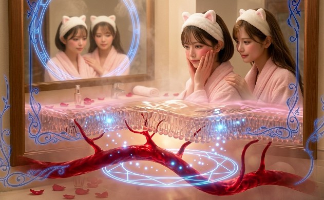 お肌の断面図のCG化。温まった血管（深紅のバラ）が力強く脈打ち、その周りの脂質（すりガラス）が、絆のピンクの光を受けてとろりと「脂質のゆらぎ」を起こし、その隙間を光学設計のブルーの光（フォトン）が、ロスなく最奥へと貫いている。背景には、幾何学的な光の蔦が展開。