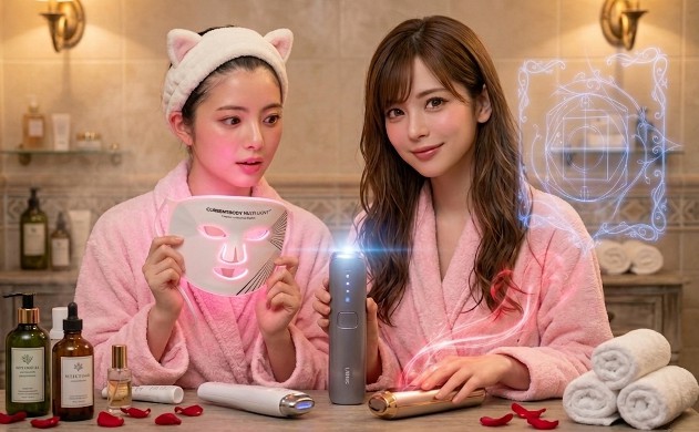 洗面台の鏡が排除され、誠（後ろ姿）が設計しているAMRの設計図がデプロイされた「光の設計図（神殿）」の洗面台。美羽がマルチライトマスクを顔に当て、あいみがEFFECTIMとUlike Air10（脱毛器）を手に、それぞれの役割をデコード（解説）している。3つの光（絆のピンク、深紅のバラ、光学設計のブルー）が幻想的に絡み合う。