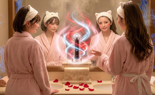 ヤーマンの美顔器を神殿の中心に置かれた「愛の至宝（ゲイン）」のように描いた、ドラマチックな画像。美顔器全体から深紅のバラの熱と光学設計のブルーの冷気が溢れ出し、絆のピンクの光で包み込まれている。