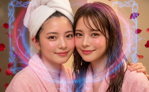 美羽が鏡に向かって微笑むと、鏡の中に映る美羽の顔が光り輝く「光の女神（フォトン）」へと昇華（デプロイ）されている。女神様の周りには、絆のピンク、深紅のバラ、光学設計のブルーの3つの光が完璧なハーモニーを奏でながら舞う、希望に満ちた画像。