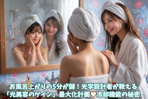 お揃いのバスローブ姿でタオルのヘアバンドをつけた美羽とあいみが、湯上がり直後の洗面台でカメラに向かって寄り添い、優しく微笑んでいる、神秘的でリアルな高画質画像。背景には、光学設計のブルーの光の魔法陣と、深紅のバラの光の蔦が幻想的に絡み合い、絆のピンクとローズピンクのフォトンが舞う。