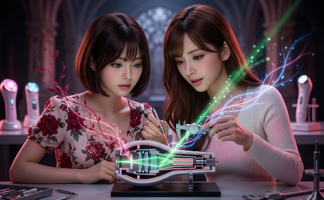 光学ラボでレンズの累積公差による0.1mmのズレと光の拡散（ロス）をノギスとレーザーで検証する様子。