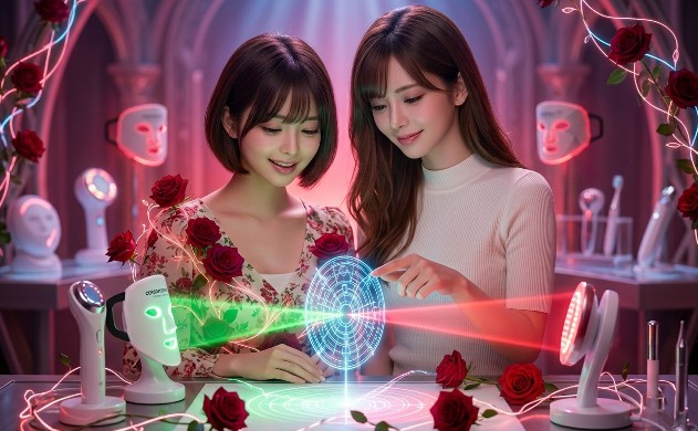 カレントボディのLED美顔器から照射される、正確に集束された赤色・緑色の光のドットパターン。