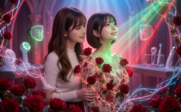 高精度なLED光を浴びて肌が輝き、満足した表情を浮かべる二人の女性のポートレート。