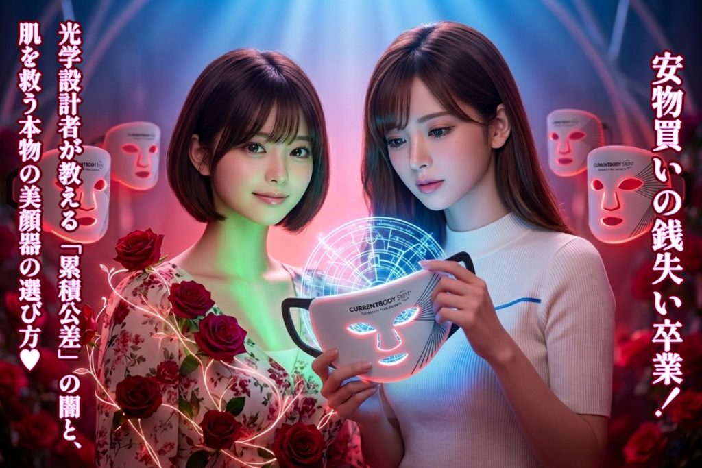 光学設計者と女性がCurrentBody製LED美顔器の光の集束を確認している様子。背景には深紅のバラと幻想的な光の演出。