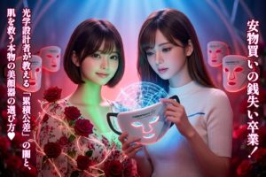 光学設計者と女性がCurrentBody製LED美顔器の光の集束を確認している様子。背景には深紅のバラと幻想的な光の演出。