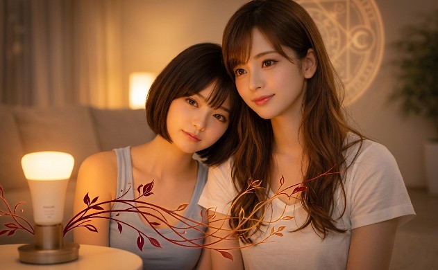 琥珀色の温かな光を放つスマートライトを見つめる二人の女性。ショートボブの女性がロングヘアの女性の肩に寄り添い、植物の蔦のような赤い光のラインが光源から二人へと繋がっている。背景には幾何学的な光の文様が浮かぶ神秘的な夜のひととき。