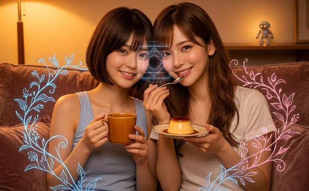 1800Kの黄金色の光に満ちた空間で、琥珀色のマグカップを手に持ち、プリンを楽しみながら微笑み合う二人の女性。二人の瞳の前には知性を感じさせる青い光の紋章が浮かび、完璧なバランスの光環境で肌が美しく輝いている情景。