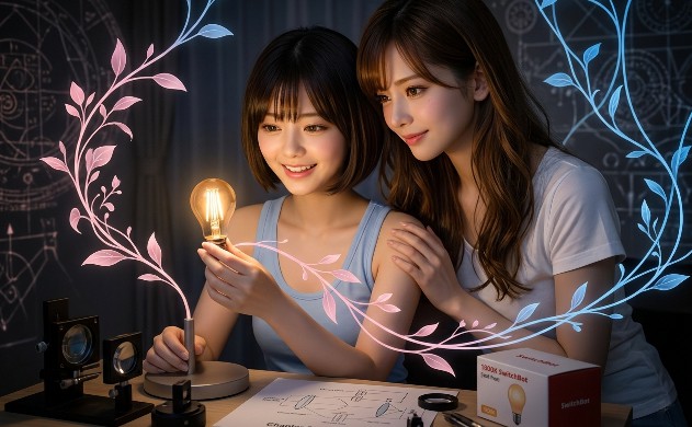 デスクの上で、ショートボブの女性が自らの手で電球を琥珀色の温かい光のものへと交換している。ロングヘアの女性が隣で優しく見守り、二人の手元をピンク色の光のラインが繋いでいる。自分の手で理想の光環境を作り出す喜びの瞬間。