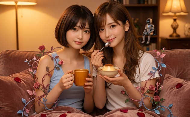 1800Kの温かな光に包まれた居心地の良いリビングで、二人の女性が寄り添いながらスイーツを楽しんでいる。深紅、ピンク、ブルーの三色の光の蔦が二人を包み込み、部屋全体が癒やしの聖域へと変わっていく幸福感に満ちたフィナーレ。