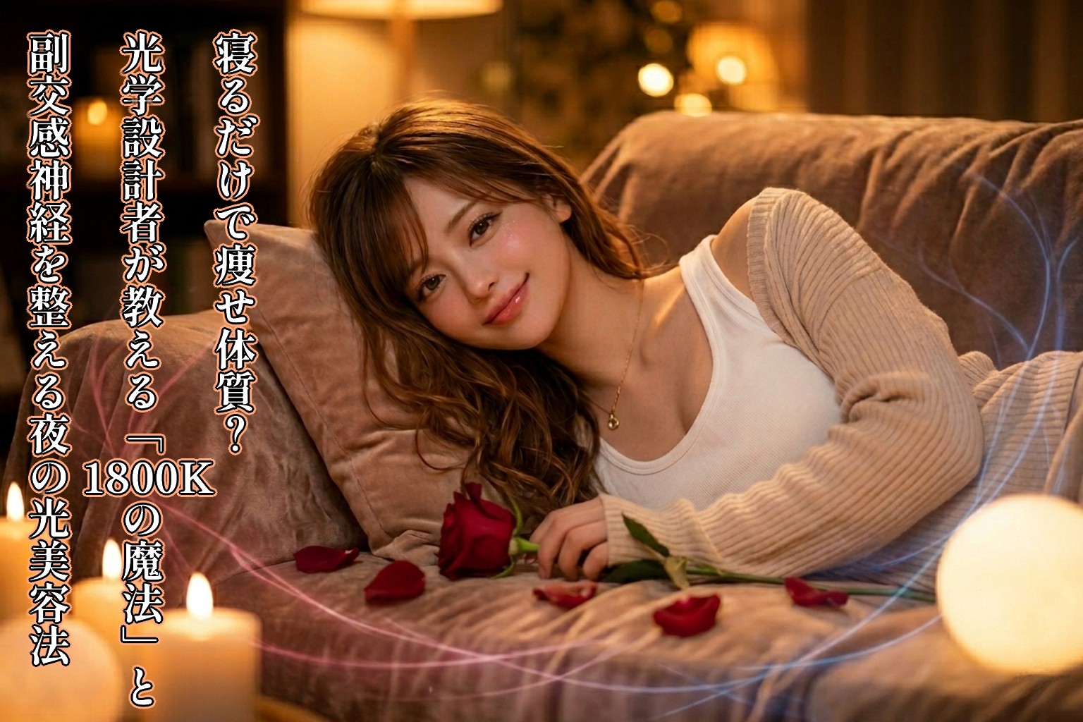 1800Kの温かい琥珀色の間接照明に包まれた、神秘的で落ち着いたリビング。深紅のバラの花びらが舞う幻想的な光の中で、ロングヘアの女性(あいみ)が穏やかな表情でくつろいでいる癒やしの情景。