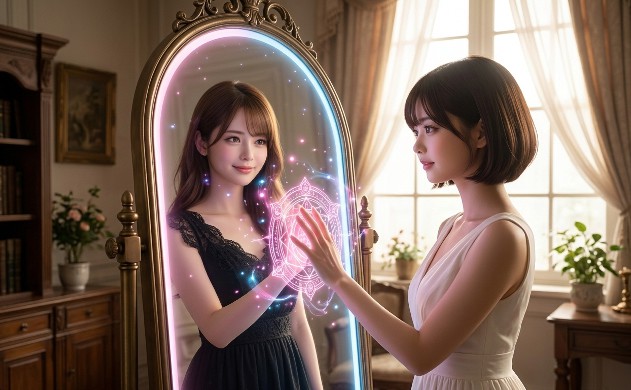 アンティークな部屋で、スマートミラーを覗き込む美羽のバストアップ。鏡の中には穏やかに微笑むあいみが映り、鏡の表面に浮かぶ『絆のピンク』の光の紋章が、二人の手元を優しく繋いでいる。未来への希望を感じさせる、温かい朝の光のようなライティング。