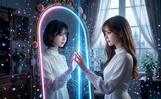 目に見えない近赤外線の世界を可視化したような幻想的な空間。二人の周りに『光学設計のブルー』の細い光の線が幾何学模様のように広がり、空中に浮遊する無数の光の粒（ノイズ）を、あいみと美羽が魔法のように整えて、美しい一本の光の道を作っている。