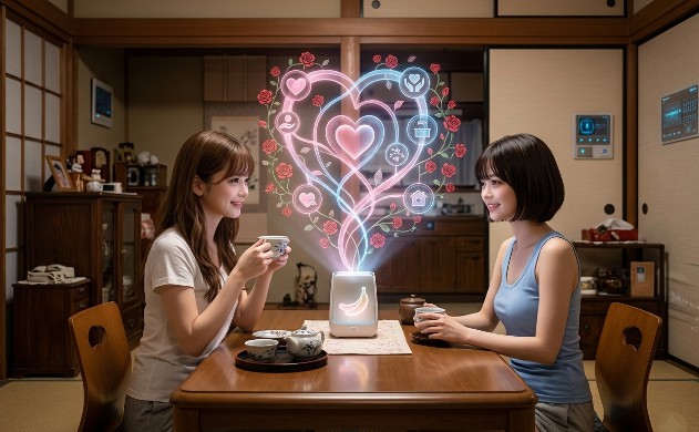 懐かしい雰囲気の部屋に、ハイテクなホログラムが自然に溶け込んでいる食卓。あいみと美羽が並んで座り、スマートデバイスが放つ柔らかな光に包まれながら、お茶を飲んでリラックスしている。古いものと新しいものが『愛』で調和している、究極の安らぎの空間。