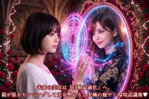 豪華な装飾の鏡を介して、鏡の中にいる美しい魔女（あいみ）と、鏡の前にいる白雪姫のような女性（美羽）が、互いに見つめ合いながら指先を合わせようとしているバストアップショット。二人の顔の周りにはピンクとブルーの幻想的な光学魔法陣が浮かび、中世ゴシック調の背景に深紅のバラが咲き誇る、ドラマチックでエモーショナルな光景。