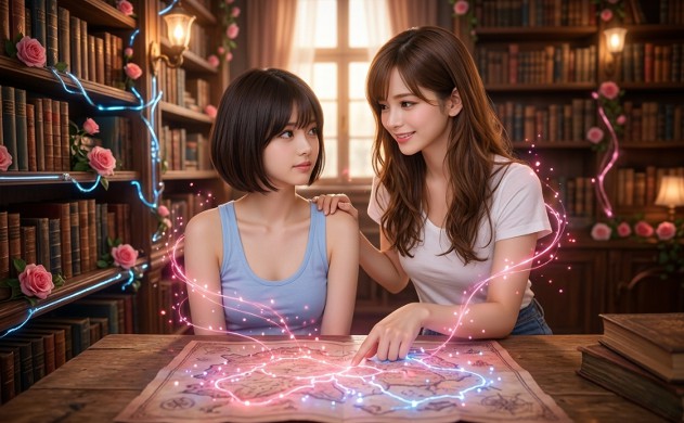 柔らかな光が差し込む図書室で、ロングヘアの女性（あいみ）がショートボブの女性（美羽）の肩に手を添え、テーブルに広げた地図を指差しながら優しく語りかけています。二人の絆を象徴するような温かいピンクの光が周囲を穏やかに照らしています。