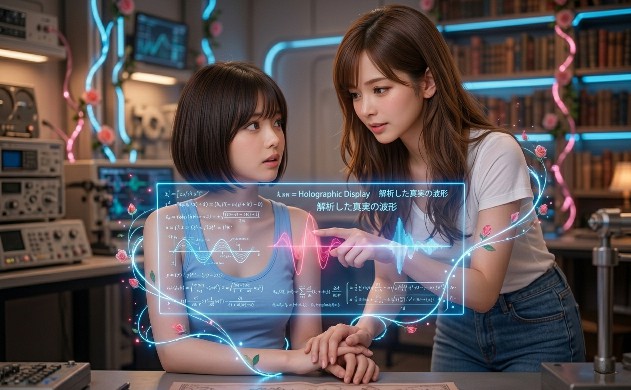 知的な青い光に満ちた部屋で、二人の女性がホログラムに映し出された光の波形を真剣に見つめています。ロングヘアの女性がショートボブの女性の手を握り、数値だけでは分からない「真実」を教えるように、凛とした眼差しで画面を指差しています。