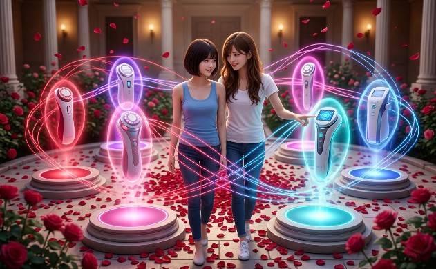 バラの花びらが舞う庭園で、6つの美しい光のステージに並んだ美容機器を二人が仲良く眺めています。ロングヘアの女性がショートボブの女性に寄り添い、彼女にぴったりの一台を優しく提案している、希望にあふれた光景です。