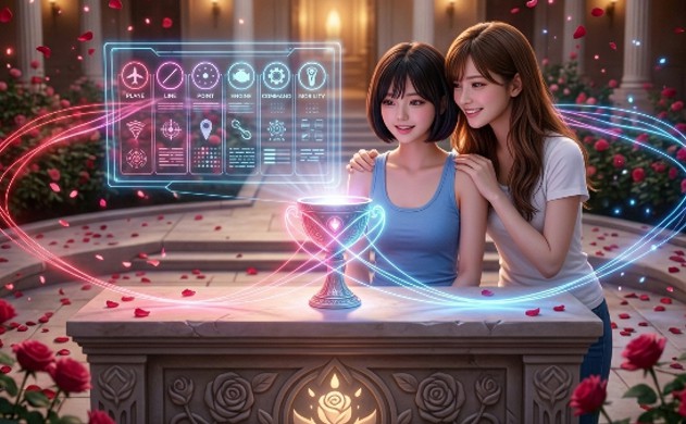 神聖な祭壇の前で、二人が最高の笑顔で手を取り合っています。空中には目的別の選び方が光のアイコンで分かりやすく浮かび上がっており、自分に合った選択肢を見つけた二人の喜びと、明るい未来への期待が描かれています。