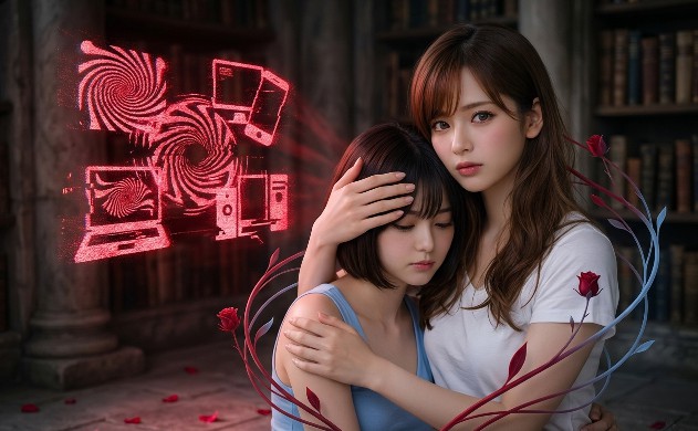 少し影のある静かな場所で、ロングヘアの女性がショートボブの女性を背後から包み込むように抱きしめ、歪んだ光のアイコンから守っています。「失敗してほしくない」という心からの願いを込めた、誠実で少し切ない表情が印象的な一枚です。