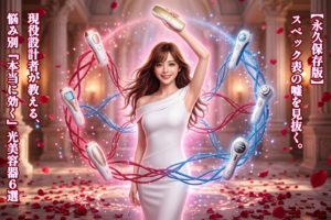 光の神殿を舞台に、華やかな白い衣装を纏ったロングヘアの女性（あいみ）が、未来への希望に満ちた表情で右手を掲げています。彼女の周りには最新の美容機器が浮かび、深紅のバラの花びらが舞う中、ピンクとブルーの幻想的な光が二人を包み込んでいます。