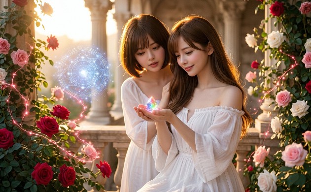 黄金色の朝日が差し込むテラスで、白いドレスのあいみが手のひらに載せた虹色の光の破片を、ショートボブの女性「美羽」と一緒に慈しむように見つめる幻想的なカット。