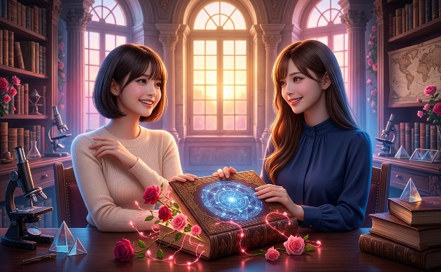 夕暮れ時の神殿図書室で、知的で満足げな表情のあいみと、自分の肌に触れ自信に満ちた笑顔の美羽が、光学設計の魔法陣が描かれた大きな本を共に閉じるドラマチックな光景。