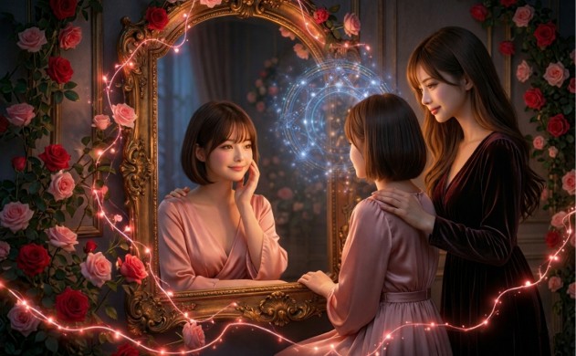 夜のドレッシングルームで、アンティークな鏡の前に座る美羽の肩にあいみが優しく手を添え、鏡に映る自分を愛おしそうに見つめる二人。鏡の中には光の魔法陣が輝いている。