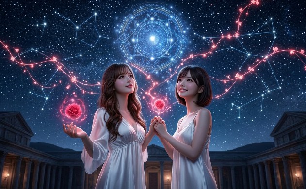 満天の星空の下、神殿の屋上で手を取り合うあいみと美羽。夜空には光学設計を象徴する星座のような魔法陣が浮かび、二人の手元からは愛を象徴する深紅のバラのオーラが立ち上っている。